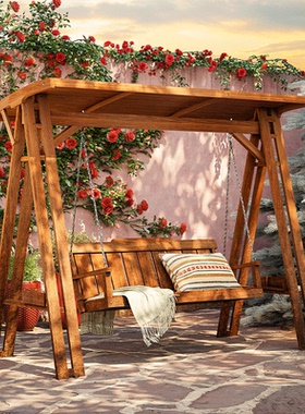 露台秋千户外庭院防腐木室外实木大人吊椅院内木头白色成人摇篮椅