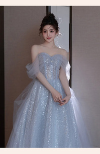 出租晚礼服高级感2026新款蓝色宴会气质艺考主持轻奢声乐生日纱裙