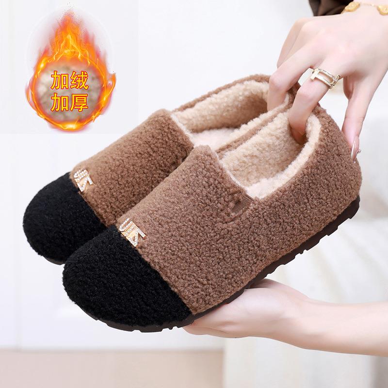 鞋子女冬季新款加绒毛毛鞋平底妈妈鞋休闲百搭居家一脚蹬棉鞋