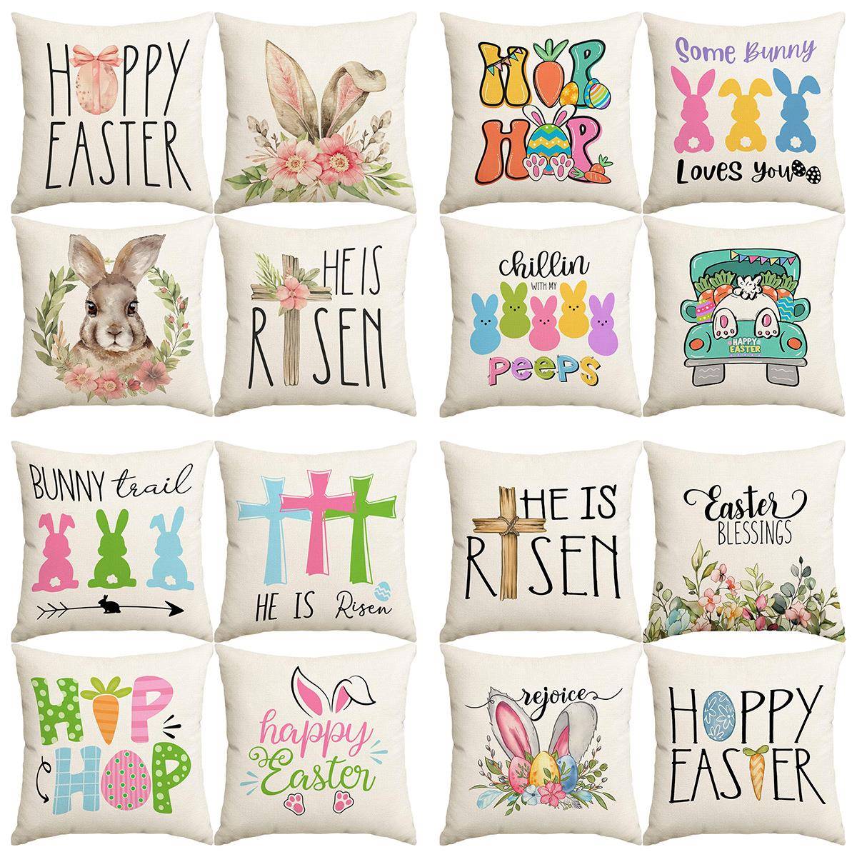 跨境亚马逊复活节抱枕套兔子彩蛋沙发床头装饰仿亚麻靠枕靠垫套