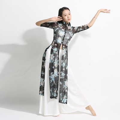 古典舞练功服身韵长纱衣飘逸中国风淡雅碎花演出上衣女旗袍舞蹈