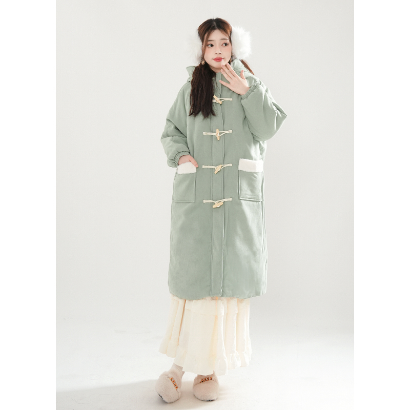 毛绒内里冬季棉服女2022甜美宽松牛角扣连帽中长款外套