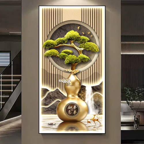 新中式事事如意玄关装饰画客厅走廊过道挂画葫芦好寓意LED发光画