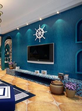 斑驳蓝色复古地中海墙纸纯素色怀旧无纺布客厅卧室电视背景墙壁纸