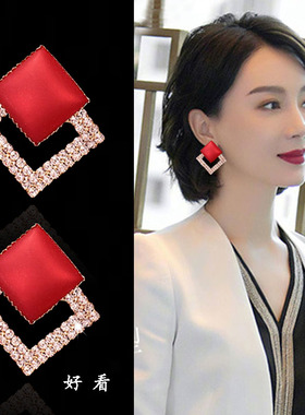 热卖s999纯银红色双菱形耳钉女经典时髦百搭耳饰2024新款耳环耳夹