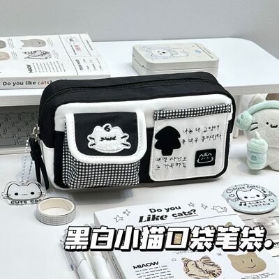 黑白魔法猫咪口袋笔袋ins高颜值格纹学生文具收纳袋大容量铅笔袋