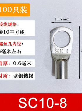 100只紫铜SC10-8窥口铜接线端子/铜端子/线鼻子/铜接头10平方
