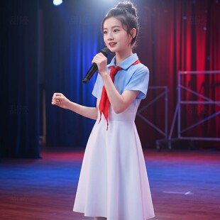 儿童初中小学生演讲朗诵演出服女童爱国蓝主持人毕业合唱比赛服装