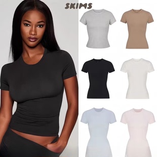 SKIMS卡戴珊易梦玲同款 jersey棉修身 圆领短袖 t恤打底上衣 cotton