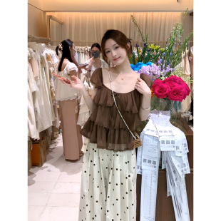 AS法式甜妹风波点阔腿裤+荷叶边吊带上衣两件套显瘦显高套装