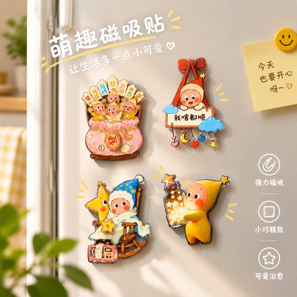 现货可爱星星人磁吸旋转冰箱贴高颜值我啥都顺新年装饰氛围礼物