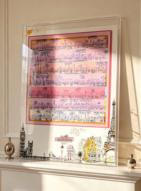 轻奢巴黎街景落地亚克力摆画树荫大道丝巾挂画别墅客厅卧室装饰画