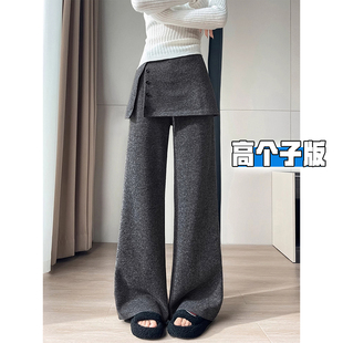 高个子加长灰色毛呢屁帘阔腿裤 女秋冬高腰懒慵垂感显瘦拖地休闲裤