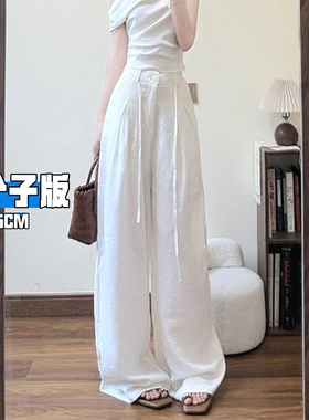 白色亚麻阔腿裤女夏季薄款2025新款高个子加长老钱风棉麻西装裤子