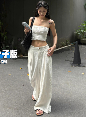 白色亚麻阔腿裤女夏季薄款2025新款高个子加长垂感老钱风棉麻裤子