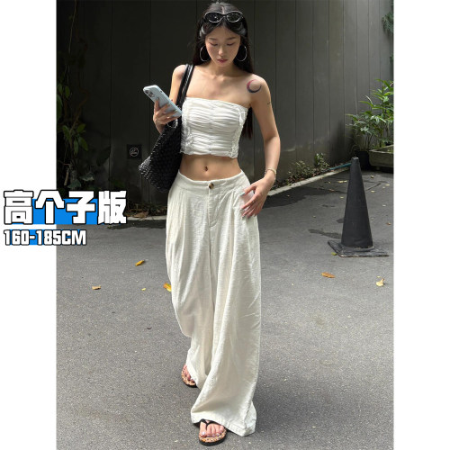 白色亚麻阔腿裤女夏季薄款2026新款高个子加长垂感老钱风棉麻裤子 - 封面