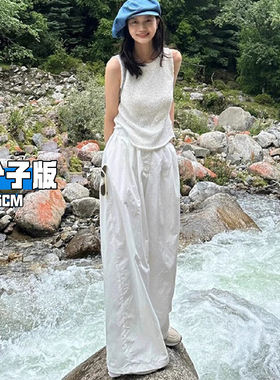 白色工装阔腿裤女夏加长版高个子老钱风松弛感休闲裤宽松拖地裤子