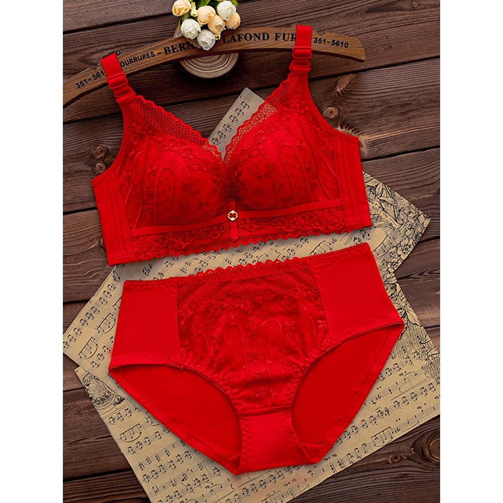 全棉纯棉本命年红色内衣内裤套装女结婚新娘小胸罩聚拢无钢圈文胸