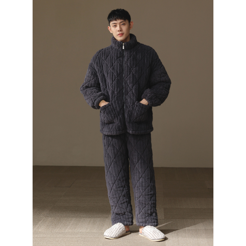 全棉纯棉【超厚】珊瑚绒睡衣男款冬季三层夹棉加厚棉袄保暖家居服
