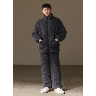 全棉纯棉【超厚】珊瑚绒睡衣男款冬季三层夹棉加厚棉袄保暖家居服