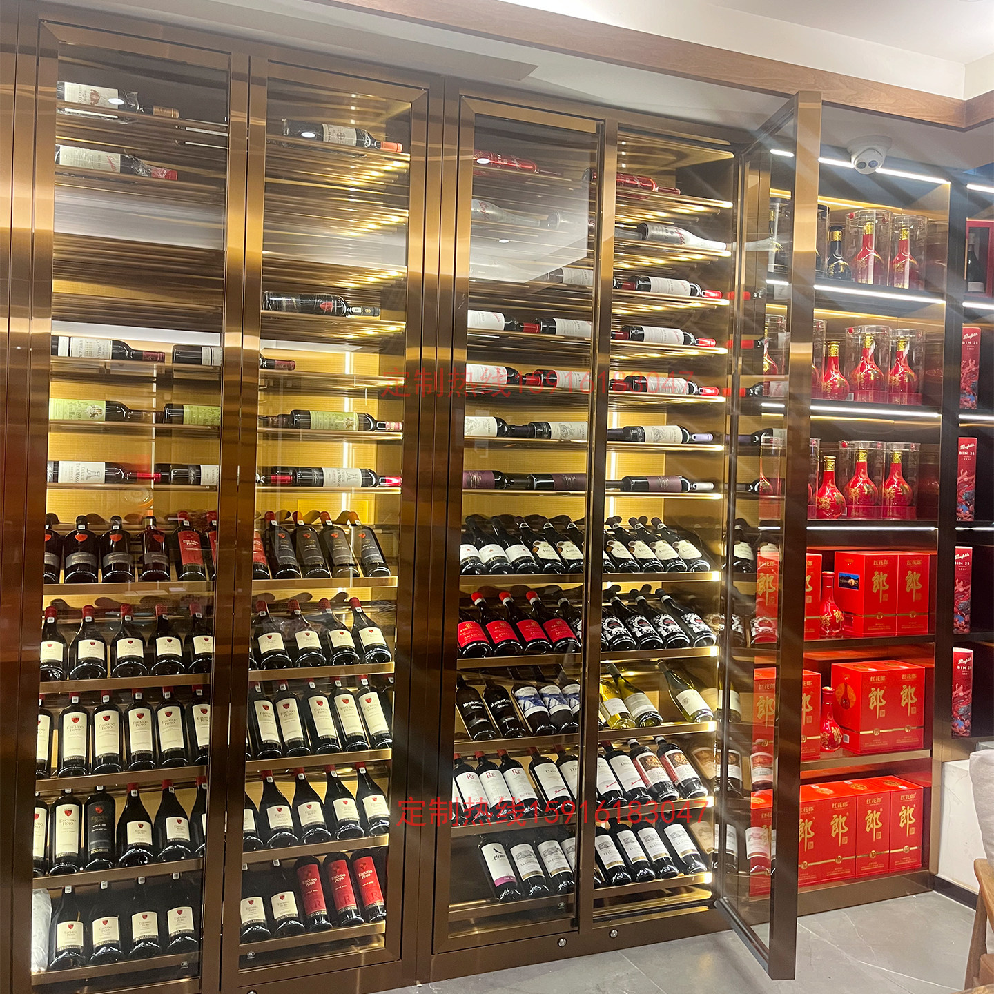 定制不锈钢酒柜 商用玫瑰金酒庄白酒展示柜恒温红酒金属酒窖展架