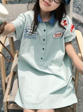 女童连衣裙夏季女宝宝浅绿色衬衫翻领polo裙日系洋气亲子装裙子