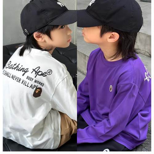 男童长袖T恤春秋女童薄上衣中大童全棉针织打底衫儿童宽松基础T潮