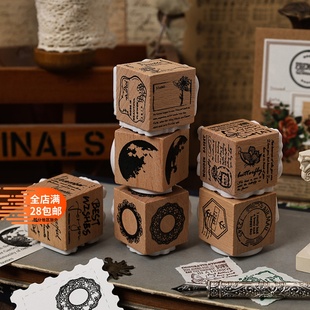 木质印章印象宝盒文字花草标签蕾丝复古手账余白日记素材装 饰印画