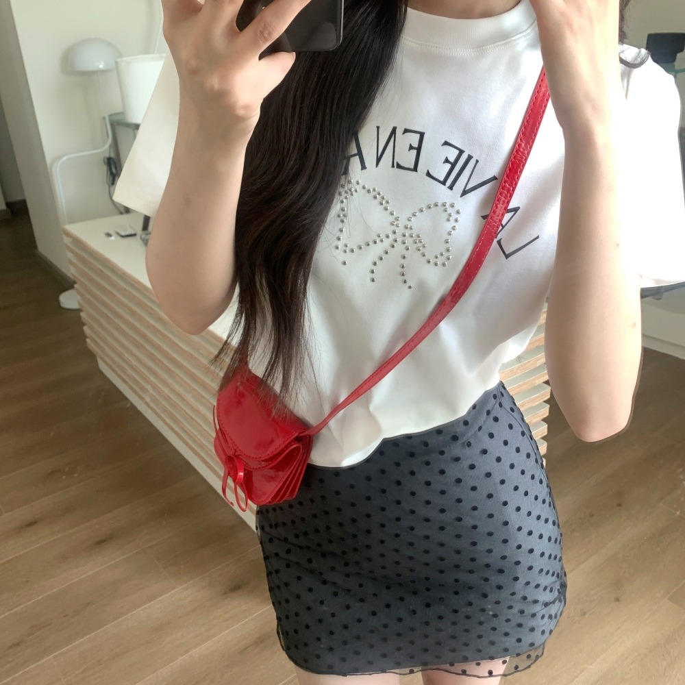 Work 32day 正肩短款烫钉蝴蝶结甜美短袖T恤波点半身裙韩系两件套