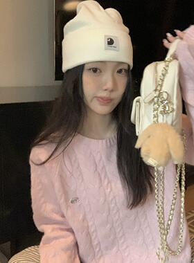 Work 32day秋冬韩系慵懒麻花套头粉色毛衣圆领毛针织衫