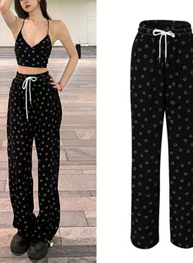 Minjiena韩国小众设计笑脸裤高腰休闲运动裤百搭ins直筒松紧腰