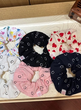 Minjiena小众设计少女感棉质笑脸印花大肠发圈女大号丸子头