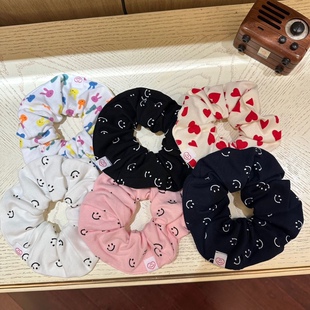 Minjiena小众设计少女感棉质笑脸印花大肠发圈女大号丸子头