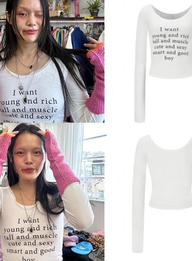 现货Minjiena韩国小众设计蕾丝饰边字母印花U领长袖t恤修身上衣