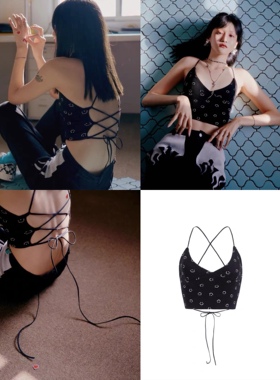 Minjiena韩国小众设计印花笑脸绑带背心短款印花吊带