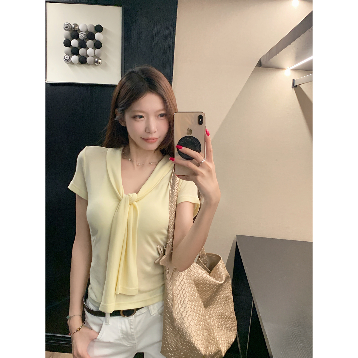 Work 32day 夏季韩版气质纯欲海军蓝飘带设计纯色百搭短袖T恤上衣