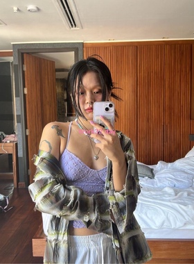 Minjiena韩国小众设计ins风淡紫色露背绑带设计v领吊带小背心上衣