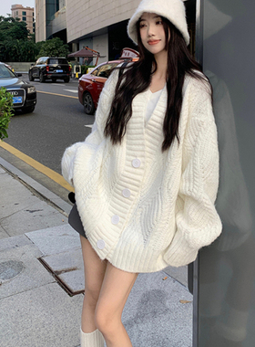 Work 32day韩版秋冬暖呼呼慵懒风纯色V领长袖加厚毛衣开衫外套