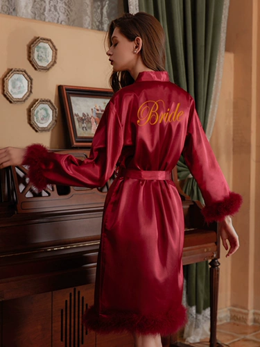 Сексуальный банный халат для невесты, шелковая красная летняя пижама, для подружки невесты, изысканный стиль, набивка пером