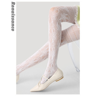Renaissance复古镂空竖纹无缝打底袜茶花美腿丝袜网袜性感连裤 袜