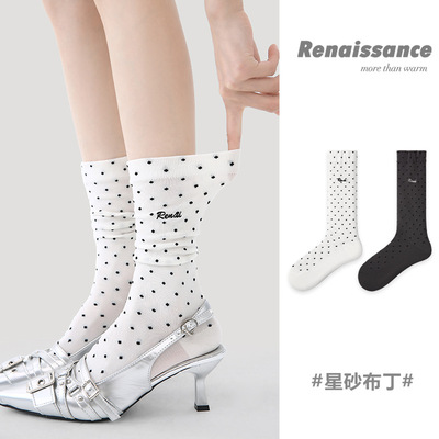 Renaissance原创女袜春夏新款白色波点小腿袜显瘦薄款透气袜子女