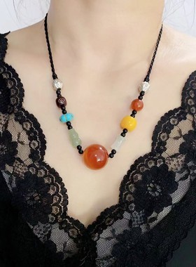 新中式国风禅意复古玛瑙项链女时尚百搭小众设计感手工编织锁骨链