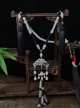 水墨风璎珞背云长流苏吊坠项链新中式古风明制压襟马面裙配饰品