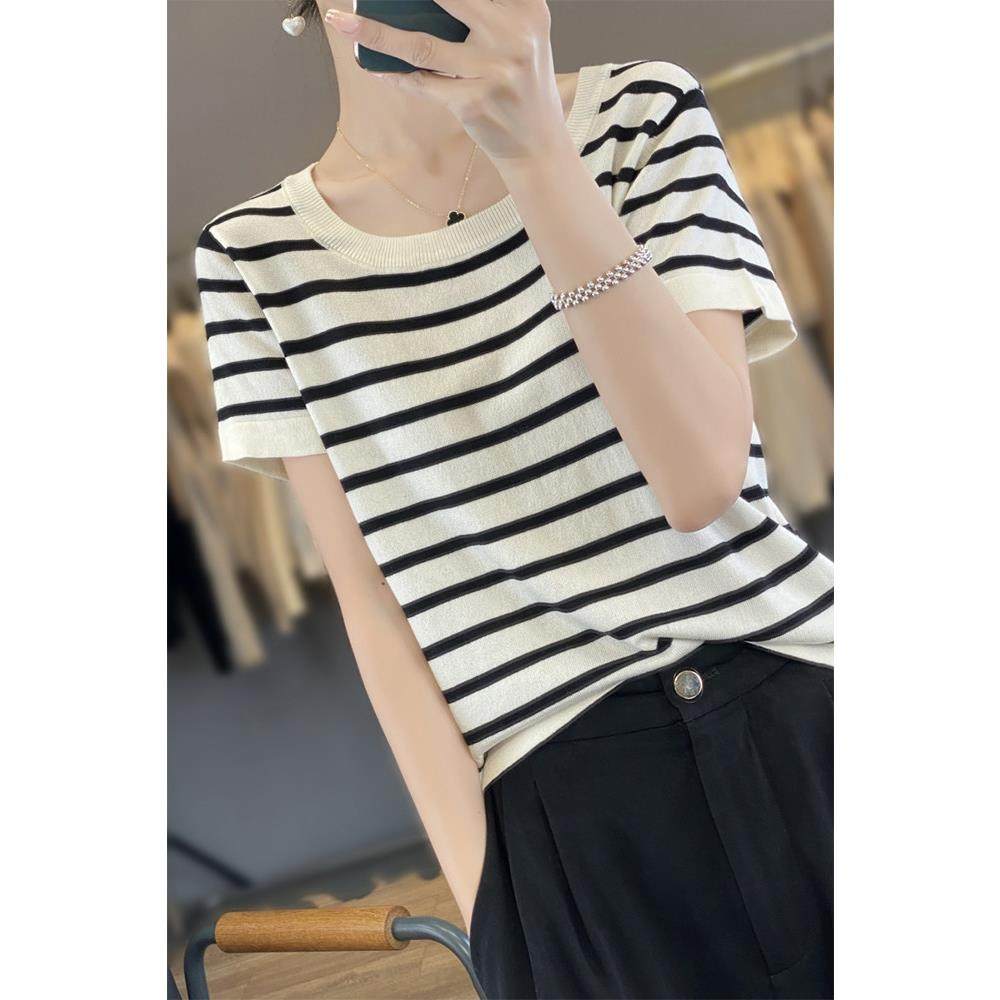 冰丝短袖t恤女士时尚条纹上衣夏季2024年新款宽松天丝薄款针织衫