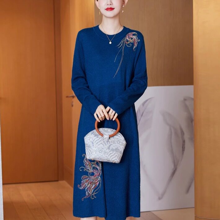 高级感羊毛连衣裙妈妈高贵喜婆婆婚宴装礼服秋冬季配大衣的毛衣裙