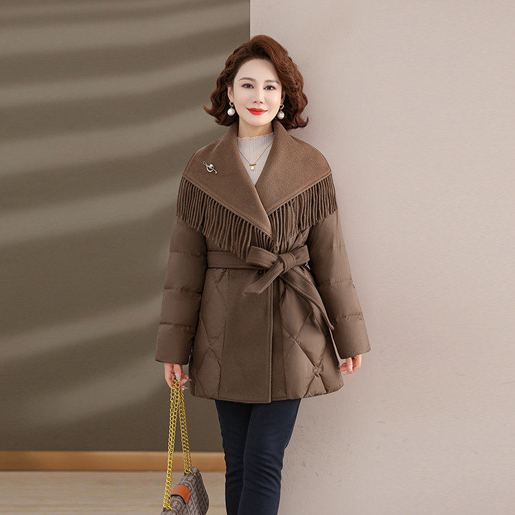 2025新款妈妈装春秋装流苏羽绒棉服洋气拼接小衫中老年女
