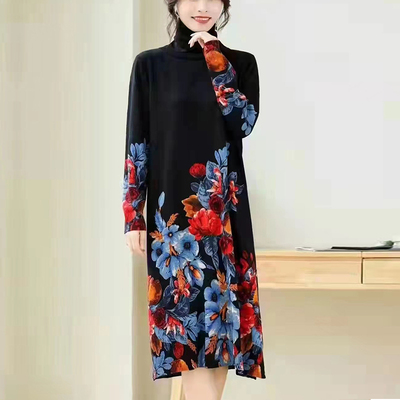 复古花色堆堆领中长款过膝羊毛衫