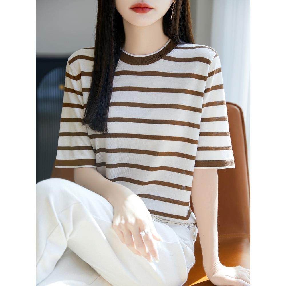 条纹真丝莱赛尔短袖女圆领t恤夏季天丝短款薄款宽松针织上衣