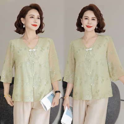 新中式妈妈夏装2025新款雪纺衫国风衬衫中老年夏季端庄大气套装女