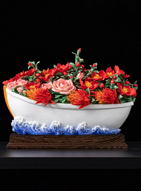 夫己纯手工陶瓷《花满春江》船型系列之刺桐卧室客厅玄关摆件